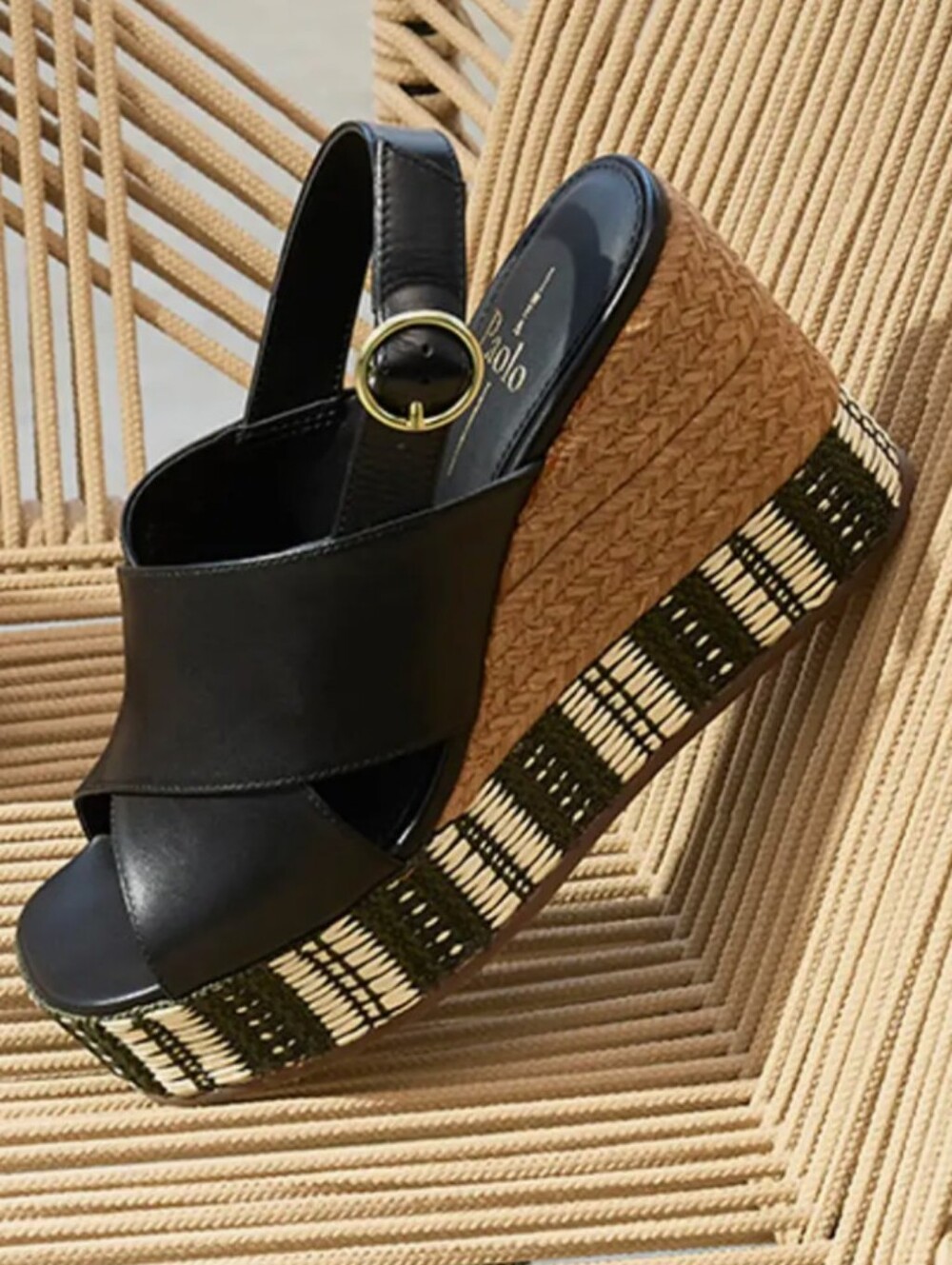 Linea Paolo Black Wedge Sandal with Patterned Espadrille Platform